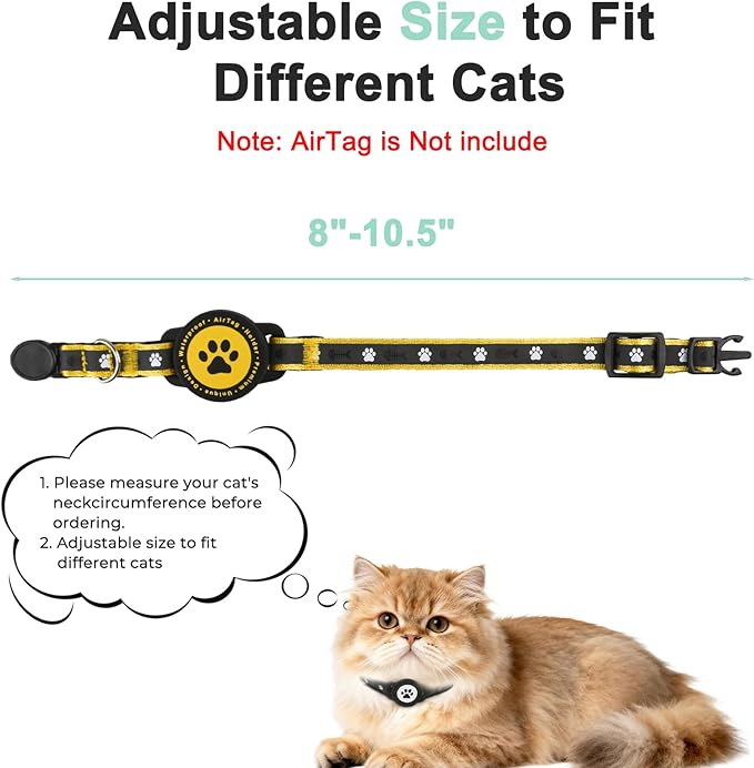 Airtag Cat Collar Breakaway, Reflective Cat Collar with AirTag Holder and Bell, Compatible with Apple Air Tag, Comfortable Padding, Adjustable, Durable (Yellow, XS)