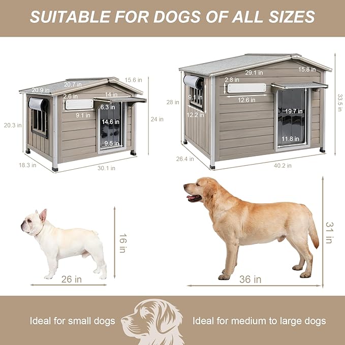 Outdoor Dog House with Chew-Proof Iron Frame, Wooden Dog Kennel Weatherproof,Removable Floor, Adjustable Vent Window, Easy Assembly for Medium and Small Dog, 30" L x 21" W x 24" H