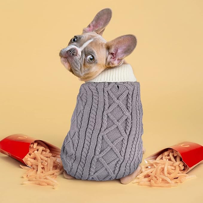 Small Dog Sweaters with Leash Hole Turtleneck Dog Sweaters Knitwear Boys Girls Warm Soft and High Stretch Pet Clothes for Fall Winter,Pet Shirts for Kitten Puppy Grey Small
