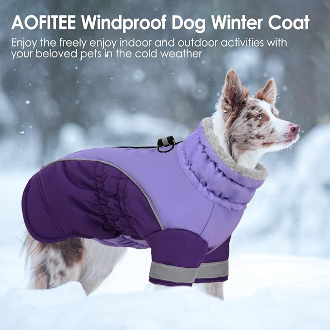 AOFITEE Dog Coat- Two Legged Extra Large Dog Winter Jacket - Zipper Dogs Cold Weather Coat with Harness, Warm Pet Puffer Jackets Reflective Pet Snow Coats for Golden Retriever, Weimaraner, Purple 2XL