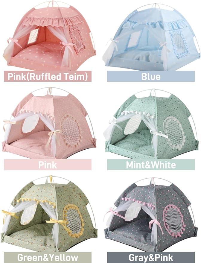 Cat Bed Tents Dog House Indoor Outdoor Lace Mesh Breathable Windows Door Curtains Removable Portable Nest Teepe House (Medium,Pink(Flower))