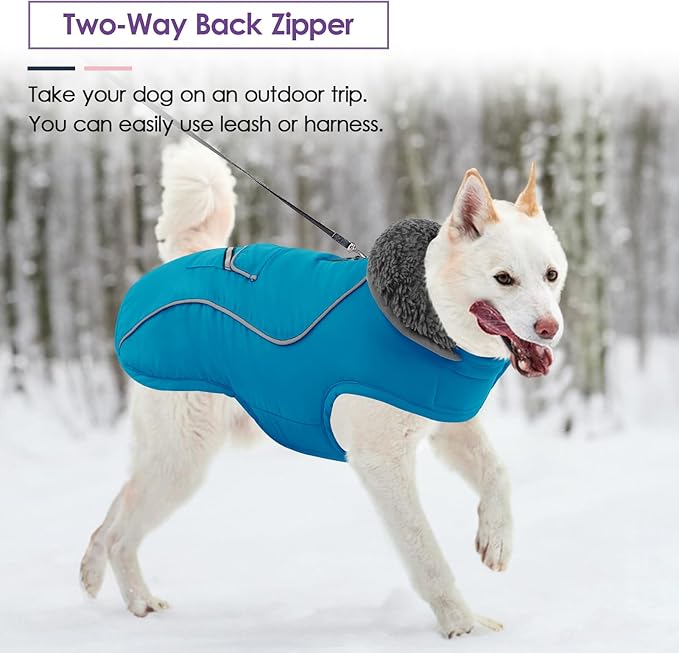 SUNFURA Dog Coat, Warm Dog Coat XXL Puffer Jacket with Harness Hole, Reflective Pet Snow Jacket Turtleneck Fleece Vest for Weimaraner, Labrador, Golden Retriever, Turquoise 2XL