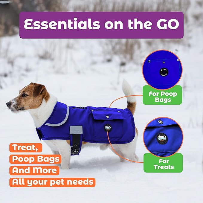 Joyride Harness FrostFlex Dog Winter Jacket - Fleece Lined & Water-Resistant - Snowsuit with Pockets for Treats & Poop Bags - Durable Cold Weather Dog Coat - Blue Serenity-XS