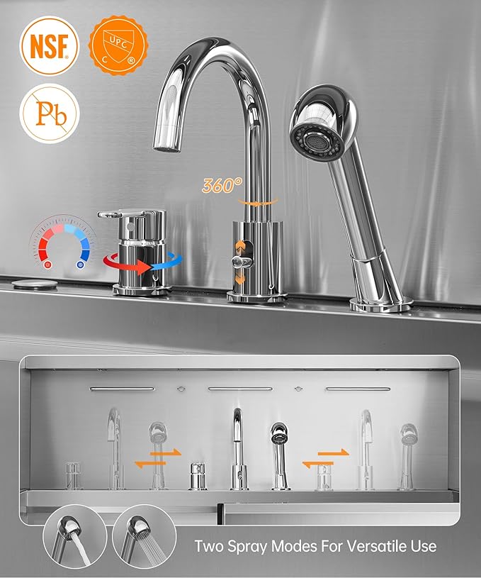 POLIMO Dog Washing Station, LED Professional Stainless Steel Dog Bathing Station 61", Dog Grooming Tub for Large, Medium & Small Dog - with Window, Ramp, Drawer, Floor Grate & Faucet (Left Ramp, 61")