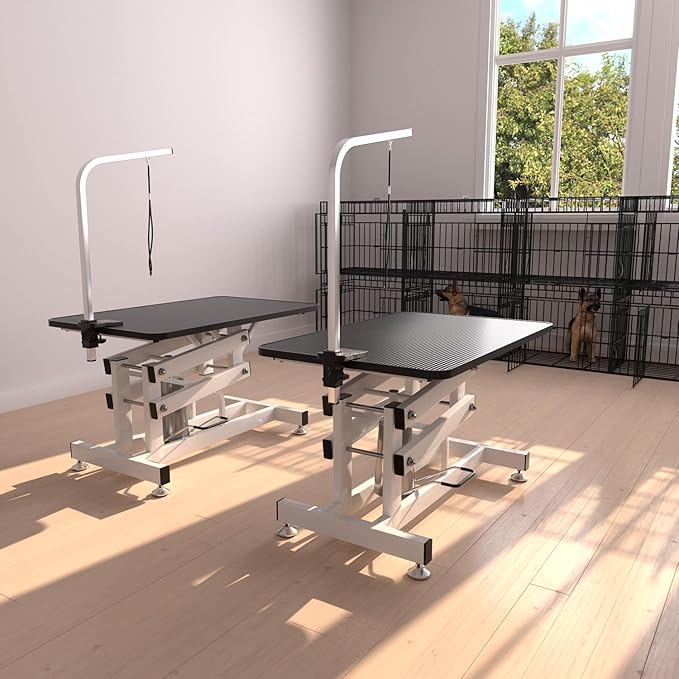 Hydraulic Dog Pet Grooming Table, 42 Inch Heavy Duty Z Lift Structure Professional Dog Grooming Table Suitable for Large Dogs at Home with Adjustable Arms, Clamps and 2 Grooming Noose, Black