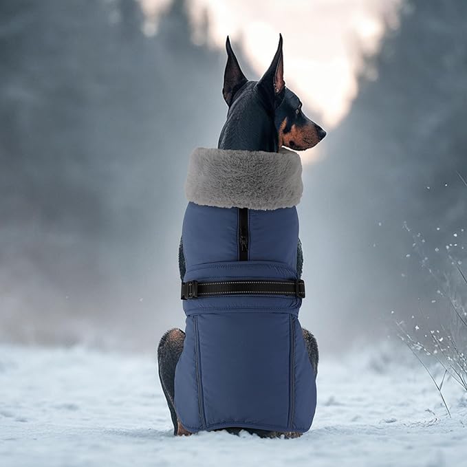 PETDSH Dog Coat Large, Windproof Dog Jacket with Warm Fleece Lining, Thickened Collar Dogs Winter Coat, Adjustable Reflective Pet Coats for Cold Weather (Navy Blue, Large)