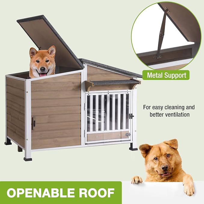 Dog House Outdoor for Large Breed with Anti-Chewing Iron Frame, Weatherproof Puppy Kennel with 360° Rotating Bowls, Dog Crate for Small & Medium Dogs Outside (Light Brown)