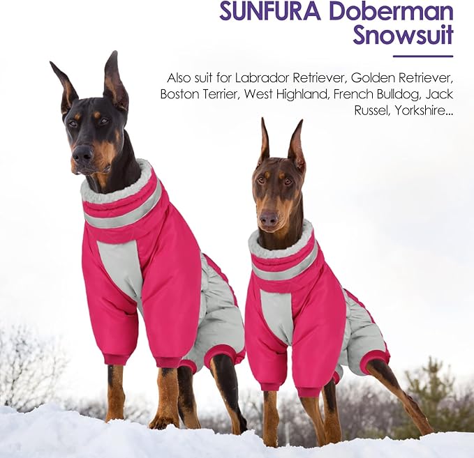 SUNFURA Full Body Dog Coat - Warm Fleece Jacket for Large Dogs, Turtleneck Winter Coats with Harness, Reflective Dog Snowsuit Windproof Puffer Jackets with Legs for French Bulldog, Hot Pink L