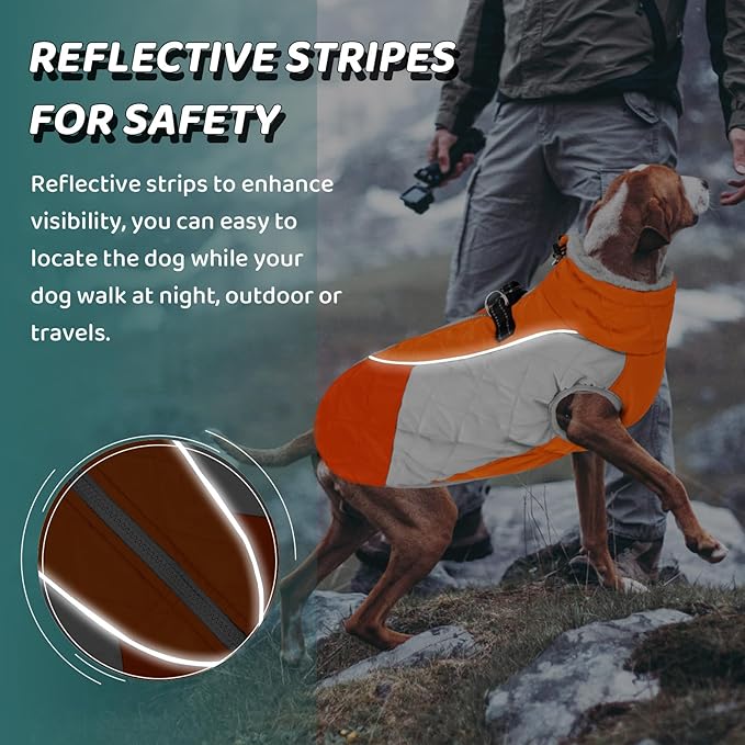 AOFITEE Dog Coat, Dog Winter Coat, Reflective Small Dogs Jacket with Harness Built in and Fleece Lined, Waterproof Pet Winter Jacket Warm Snowsuit for Small Medium Large Dogs, Orange S