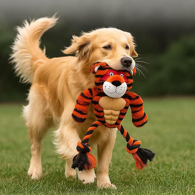 Durable Rope & Plush Dog Toy for Aggressive Chewers β Muscle Tiger Squeaky Tug Toy for Medium & Large Dogs, Interactive Chew & Play