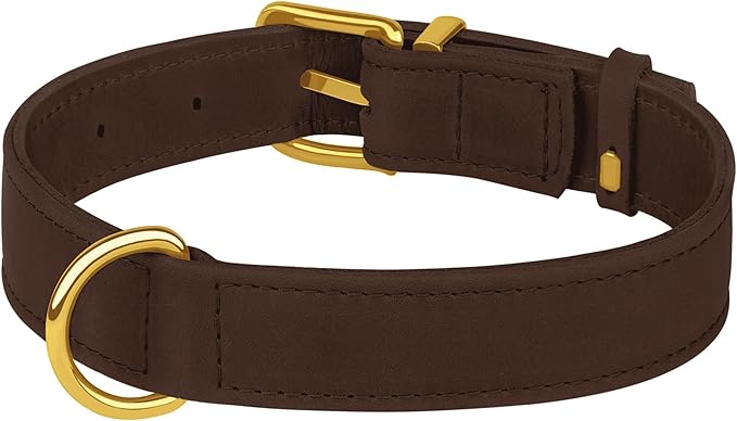 Leather Dog Collar - Heavy Duty Adjustable Soft Padded Pet Collars for Small Medium Large Dogs Breed - Black Green Brown Pink Red Blue (Brown, L, 15"-19" Neck Fit)