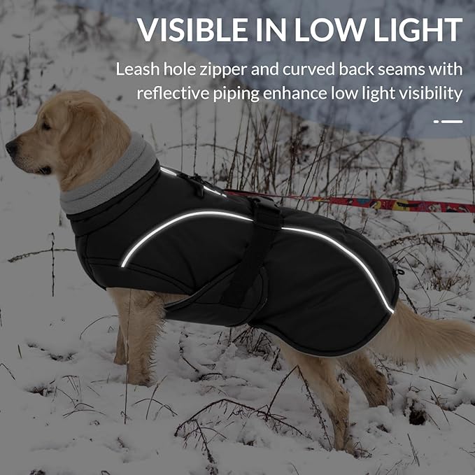 Queenmore Winter Dog Coat Warm Dog Jacket Vest Waterproof Puffer Fleece Snowsuit Adjustable Buckle Leash Hole Reflective Cold Weather Parka for Small Medium Large Dogs Girl Boy Black S
