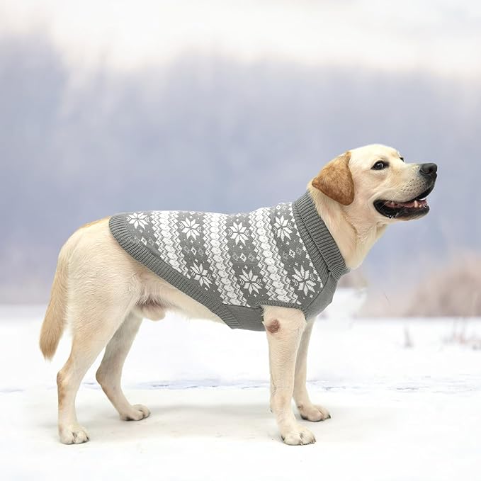 KOOLTAIL Cable Knit Dog Sweater Turtleneck, Cold Weather Pullover Classic Knitwear, Snowflake Pattern Thick Warm Winter Pet Clothes, Dog Christmas Sweater for Small Medium Large Dogs Cats, Grey L