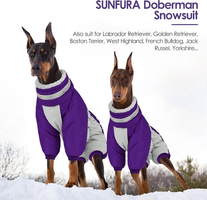 SUNFURA Full Body Dog Coat - Warm Fleece Jacket for Extra Large Dogs, Turtleneck Winter Coats with Harness, Reflective Dog Snowsuit Windproof Puffer Jackets with Legs for Great Dane, Purple 3XL