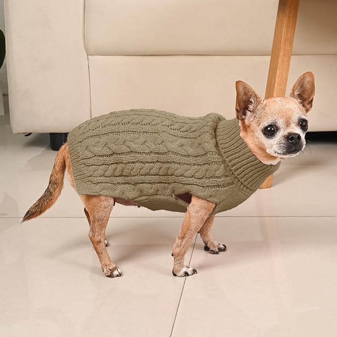 2 Pack Dog Sweaters for Small Dogs Turtleneck Pullover Cable Knit Puppy Stretch Clothes Chihuahua Yorkie Pomeranian Toy Poodle Boy Girl Pets Winter Doggie Clothes (XS, Green & Brown)