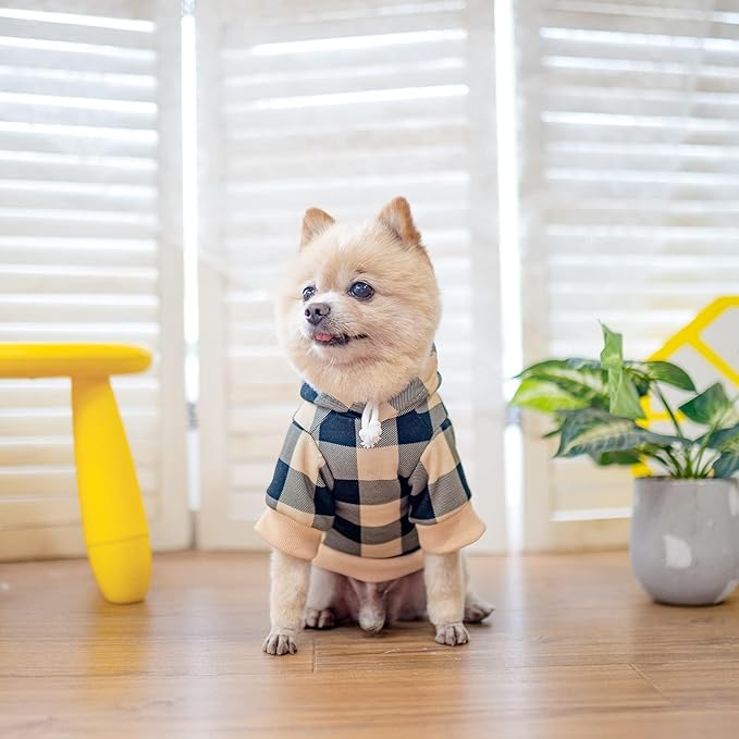 KOOLTAIL Plaid Dog Hoodie Pet Clothes Sweater with Hat and Pocket for Small Medium Large Size Dogs, Soft Winter Warm Dog Cold Weather Coat, Fleece Fall Dog Hooded Sweatshirt for Puppy Cats, Beige M