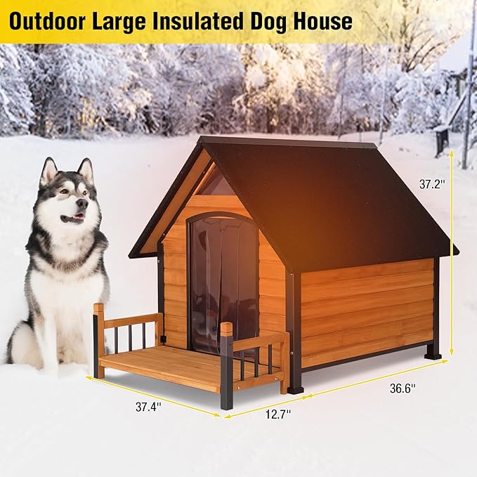 AIVITUVIN Heated Outdoor Dog House with Anti-Chewing Iron Surround Insulated Liner Dog Kennel for Large Breed Dog Shelter Weatherproof (Brown 50.9" D x 37.4" W x 37.2" H)