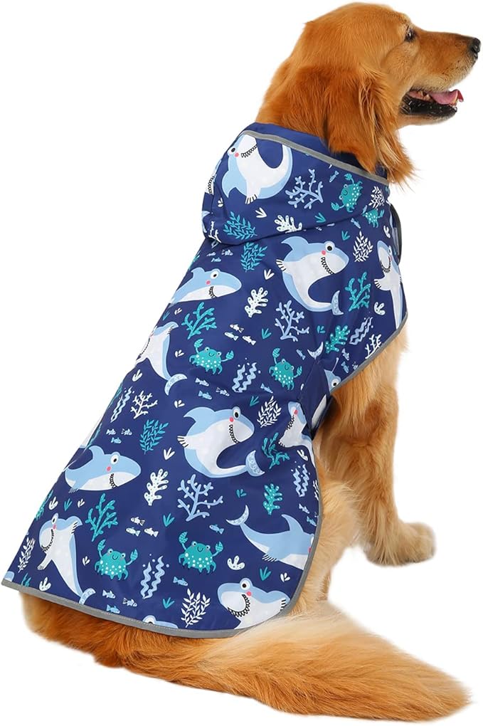 HDE Reversible Dog Raincoat Hooded Slicker Poncho Rain Coat Jacket for Small Medium Large Dogs Sharks - 3XL