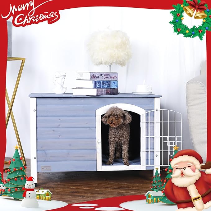 Petsfit Small Dog House for Small Dogs Indoor, Wooden Dog House with Elevated Floor&Anti-Slip Bottom, 31.5''L×21.5''W×21''H