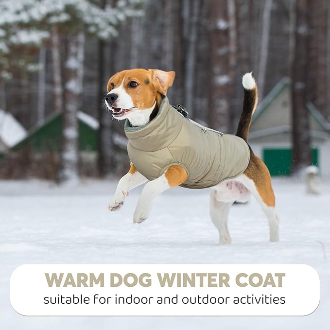 IDOMIK Warm Dog Coat with Harness, Waterproof Reflective Dog Jackets for Small Medium Large Dogs, Fleece High Collar Winter Jacket with Zipper, Pet Winter Snowsuit Clothes for Cold Weather,Khaki S