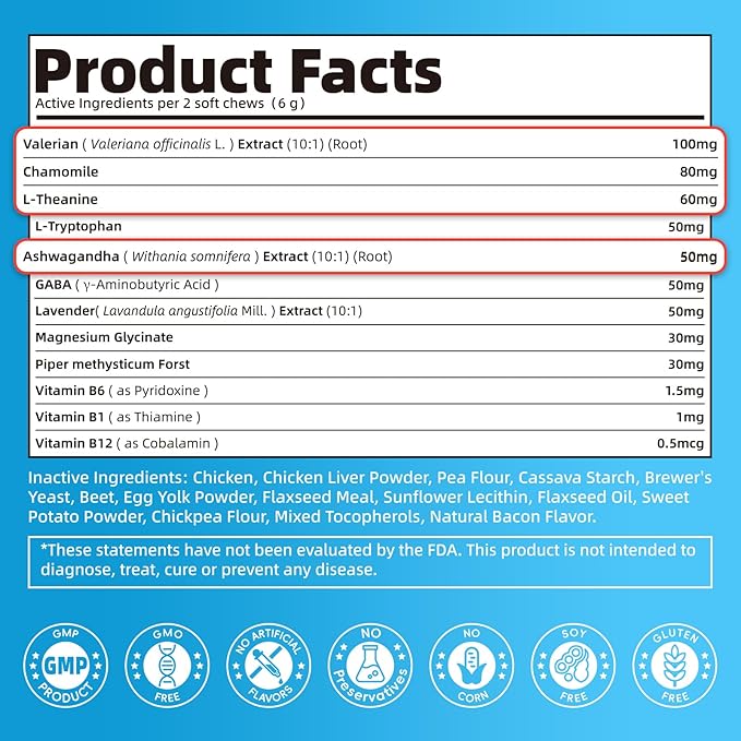 Calming Chews for Dogs – Calming Treats for Anxiety, Stress, Separation, Travel & Thunder, Non-Drowsy Alternative to Melatonin, Calm & Focus with Chamomile & Ashwagandha, Bacon Flavor, 60Ct
