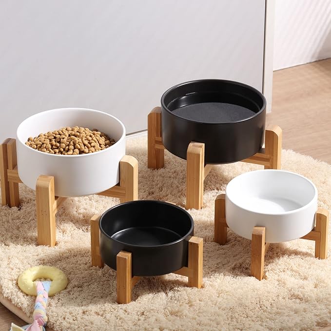 Petygooing Black Elevated/Raised Ceramic Dog Bowl for Small Breeds, Dog Food Water Dish with Stand,Pet Feeding Bowl with Anti Slip Rubber for Cats and Small Dogs Puppy 13.5 OZ (5.1In / 1.7 Cups)