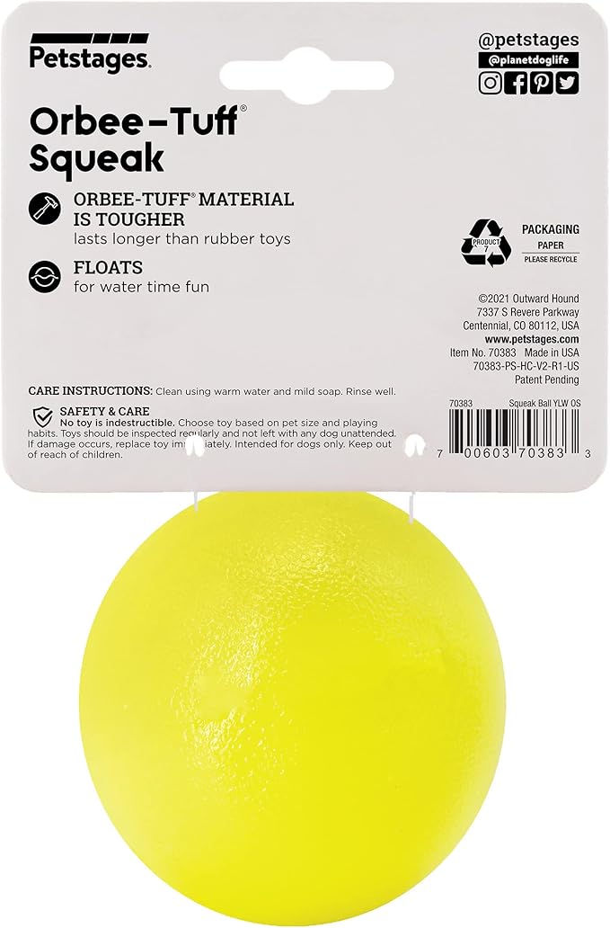 Outward Hound by Planet Dog Squeak Ball Bouncy Fetch Dog Toy, Yellow