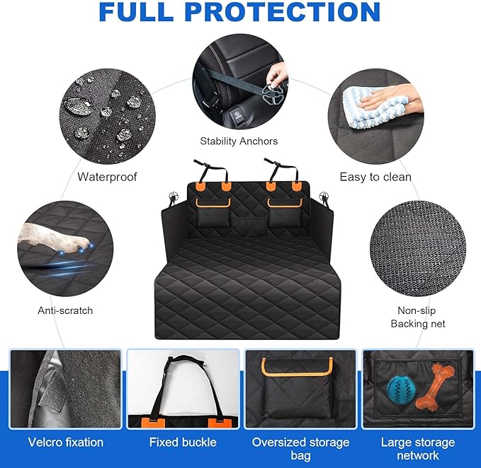 4-in-1 SUV Cargo Liner for Dogs, Non-Slip Water Resistant Pet Trunk Mat with Side Flaps Protector & Back Seat Organizer, Dog Backseat Cover for SUVs Vans(54" W x 88" L)
