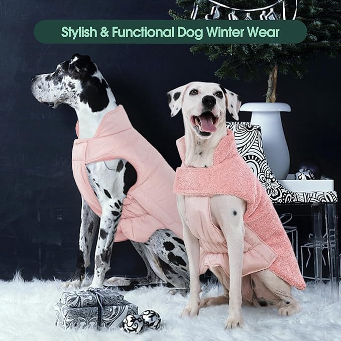 Kuoser Reversible Dog Coat – Warm Fleece & Quilted Waterproof Dog Jacket, Double-Sided Cold Weather Dogs Winter Coat with Harness Hole, Windproof Pet Snow Vest for Small Medium Large Dogs, Pink S