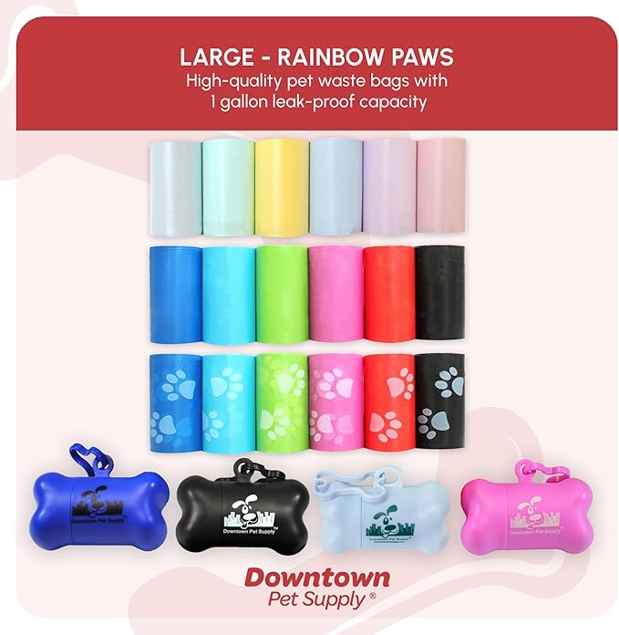 Downtown Pet Supply Poop Bags for Dogs with Dispenser, 180 Count - Leak-Proof Dog Waste Bags and Bone-Shaped Dog Poop Bags Holder for Leash - Rainbow with Paw Prints, 12.5" x 8.5"