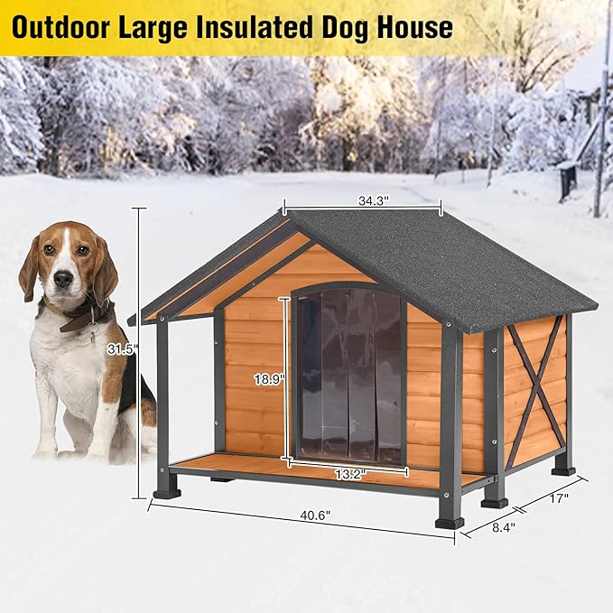 AIVITUVIN Outdoor Heated Dog House with Heating Pad Insulated Dog House with Anti-Chewing Metal Frame Large Dog Kennel Weatherproof for Winter 40.6“L