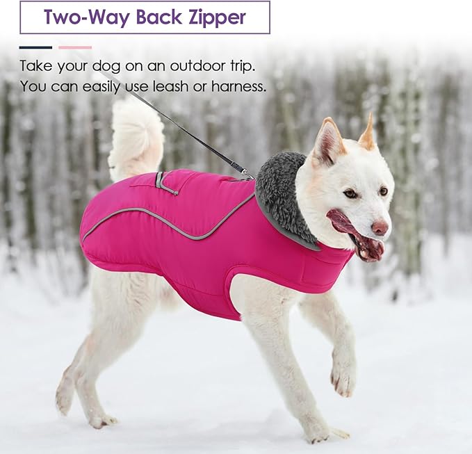 SUNFURA Dog Coat, Large Dog Jacket Reflective Winter Coat for Cold Weather, Windproof Pet Snow Jacket with Pocket, Warm Fleece Sweater Clothes for Large Dogs, Hot Pink L