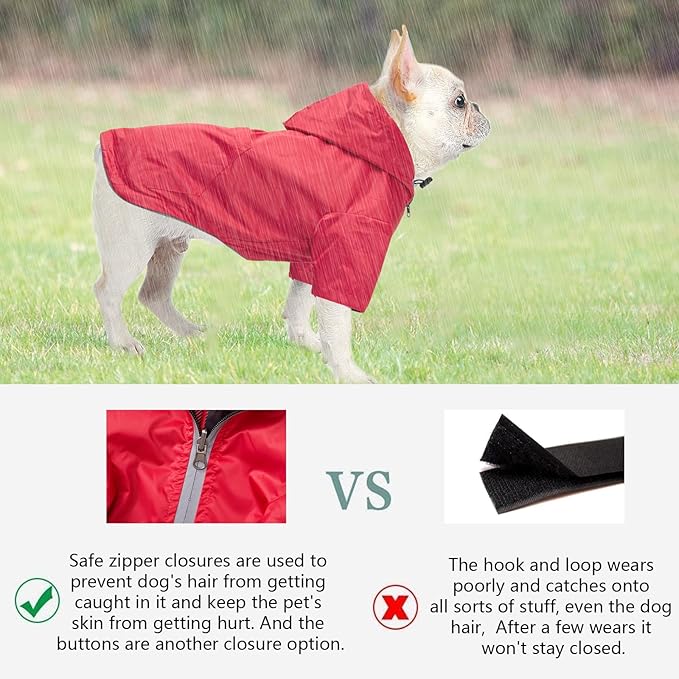 Dog Raincoat Dogs Waterproof Reversible rain Jacket Dog Small Medium Breeds Reflective Zipper Storage Pocket Harness Hole - Red - S