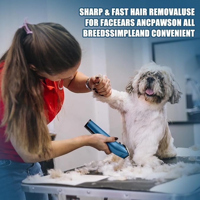 Professional Animal Pet Dog Cat and Horse Cordless Hair Clipper Grooming Kit with 5 in 1 Blade Low Noise & High Power Rechargeable Cordless Pet Grooming Clipper for for Thick Heavy Coats (Blue)