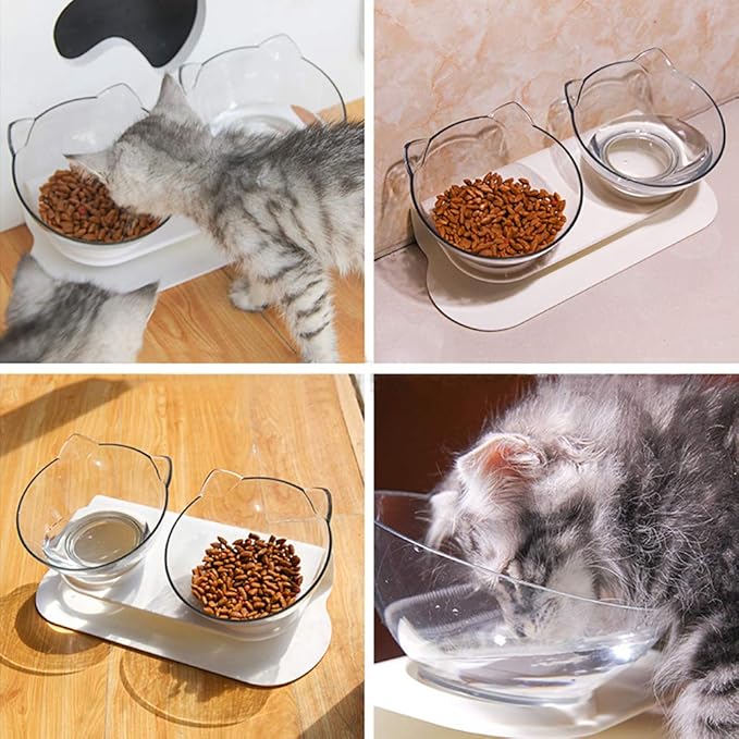 Luck Dawn Double Elevated Cat Bowls with Raised Stand, 15 Tilted cat Bowl Design Neck Guard Stand Raised Pet Food Water Feeder Bowl for Cats or Small Dogs
