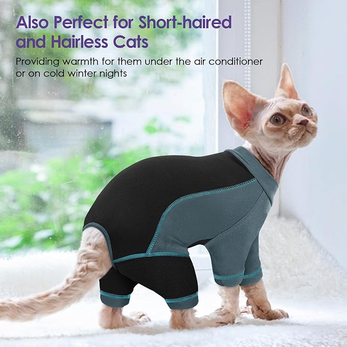 SUNFURA Hair Sticky Cat Clothes, Cat Sweater for Cats Only, 4-Legged Fleece Sweaters Kitten Pajamas Reduce Shedding Fur, Warm Pullover Shirts for Cats, Green M