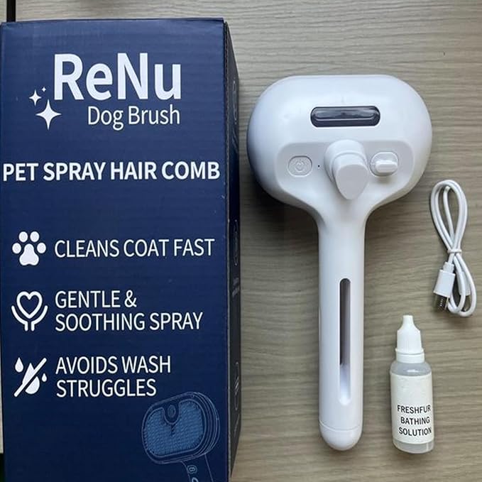 Fresh Fur Shower Brush, 3-in-1 Self-Cleaning Steamy Pet Brush for Dogs & Cats – Grooming Tool for Long & Short Hair, Removes Loose Hair and Reduces Shedding (White)