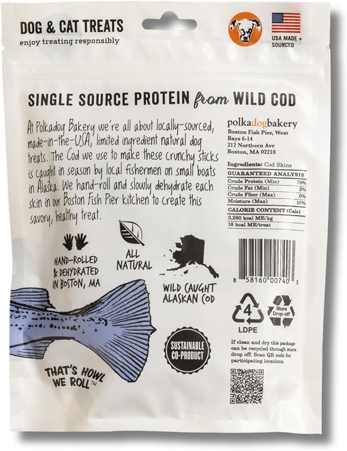 Polkadog Cod Skins for Dogs (2oz Shortie) - Single Ingredient, Wild-Caught Fish Skin Dog Treats for All Breeds – High in Lean Protein & Omega-3. Hypoallergenic, Grain Free. Handcrafted & Made in USA