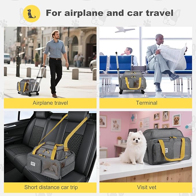 18x13.5x9 TSA Approved top Expandable Rolling pet Carrier for Small Dog Puppy cat up to 8 lbs and 17'' in,Soft Sided for Spirit Southwest Airline,with 4 Wheels and 2 Pockets(Grey).