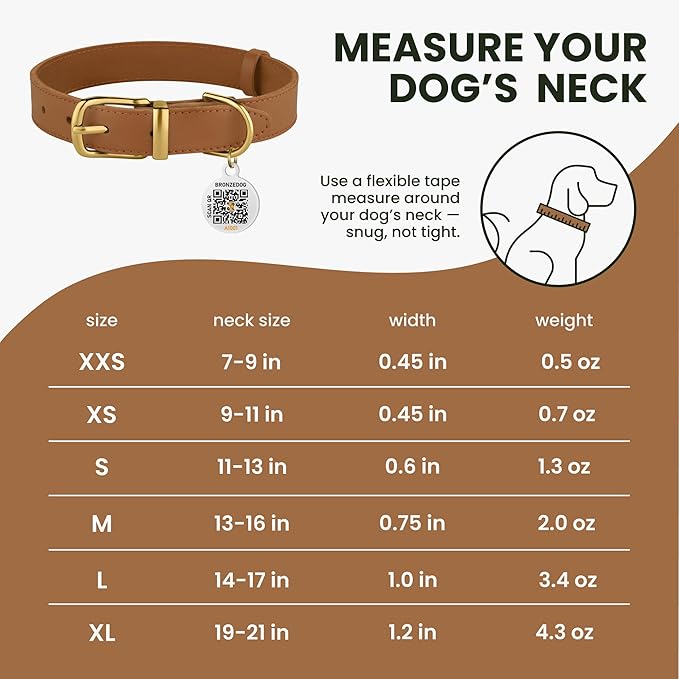 BRONZEDOG Leather Dog Collar with QR ID Tag Basic Pet Collars for Small Mini Dogs Cats Puppies (9-11 Inch (Pack of 1), Light Brown & Gold Buckle)