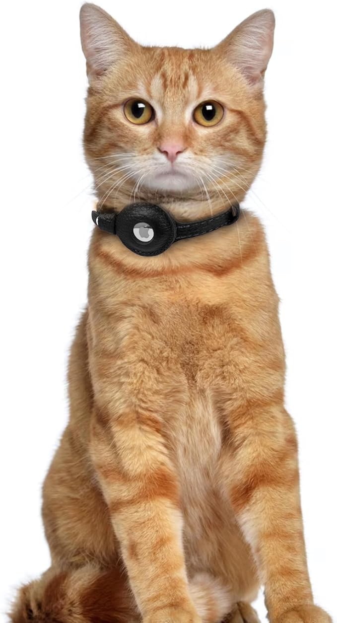 OOPSDOGGY Leather AirTag Cat Collar with Bell - Non Breakaway Kitten Collar with Apple Air Tag Holder - Lightweight GPS Pet Collars for Girl Boy Cats, Small Dogs, Puppies (Black)