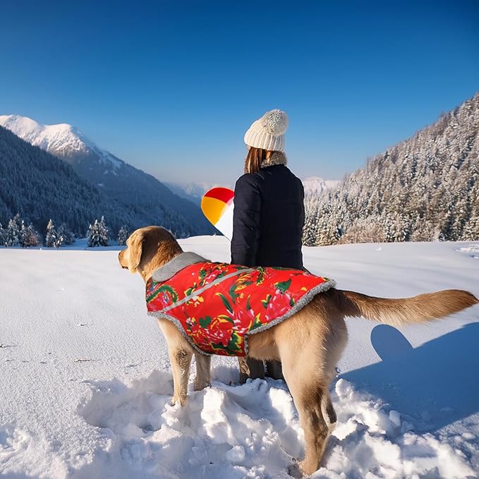 VIVAGLORY Snowrap Dog Coat, Jacket with Harness Hole & Velcro Closure, Dog Coat for Winter & Cold Weather, Fluffy Warm Fleece Lined Reflective Water Resistant for Puppy, XS, Northeast Florals-Red