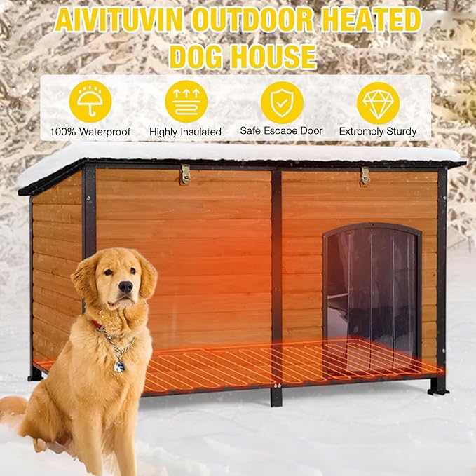 Aivituvin Heated Dog House Outdoor 59" Extra Large Insulated Dog Kennel with Heating System & Insulation Liner,All-Around Iron Frame