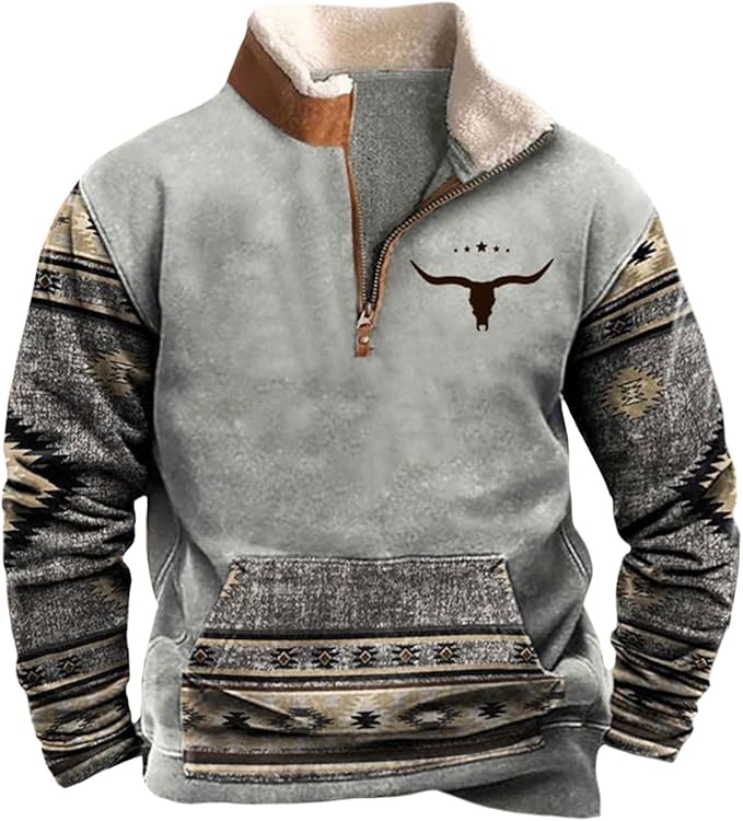 HOTYD Western Jackets for Men Cowboy Sweatshirts Vintage Ethnic Graphic Casual Long Sleeve Top 1/4 Zip Pullover Hoodies