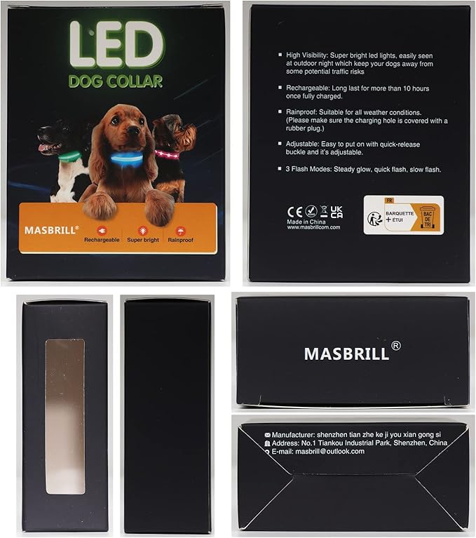 MASBRILL Light Up Collar - Rechargeable LED Dog Collar for Night Walking, Flashing Light, Fits Small to Large Dogs