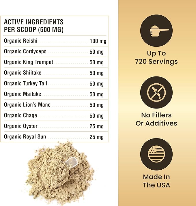 Mushroom Powder for Dogs & Cats - Organic Mushroom Complex for Immunity Support, Immune Function, Cognition, Vitality - Ten Mushroom Supplement with Turkey Tail, Lion's Mane, Reishi - 720 Scoops