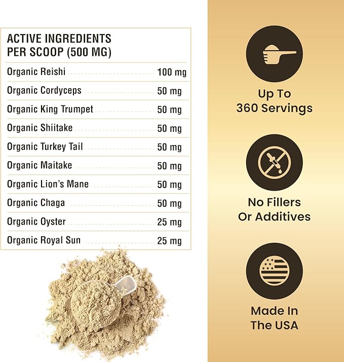Mushroom Powder for Dogs & Cats - Organic Mushroom Complex for Immunity Support, Immune Function, Cognition, Vitality - Ten Mushroom Supplement with Turkey Tail, Lion's Mane, Reishi - 360 Scoops
