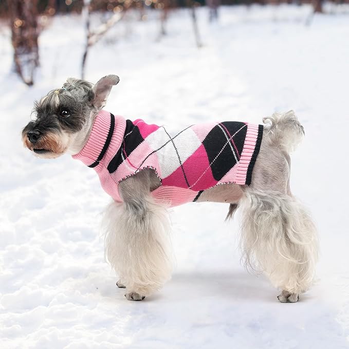 KOOLTAIL Dog Sweater Pet Knitted Clothes - Classic Plaid Pull Over Turtleneck Dog Sweaters with Leash Hole Warm Dogs Winter Clothing for Small Medium Dogs Cats Puppy L