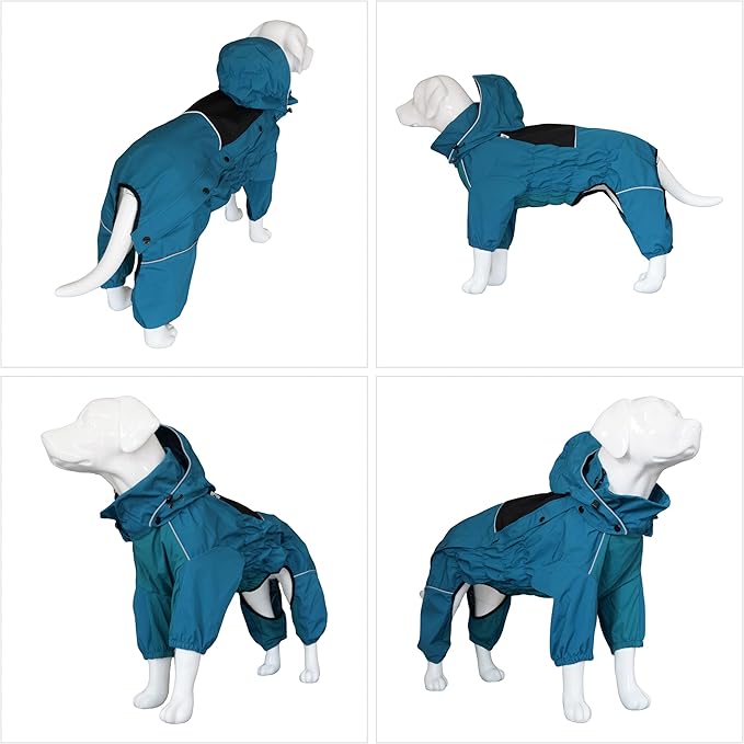LOVELONGLONG Waterproof Dog Raincoat with Removable Hood – Outdoor Full Body Dog Jacket, Windproof Snowproof Shell Suit – All Season Pet Rain Gear Ocean Teal XXL