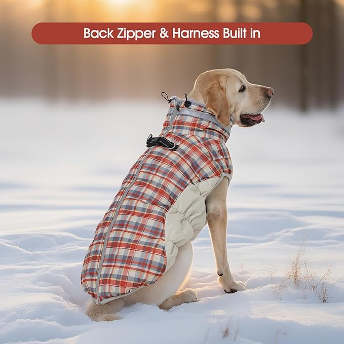 FUAMEY Dog Coat for Small Dogs,Waterproof Dog Winter Jacket with Harness Built in Puppy Cold Weather Coats Reflective Pet Vest with Zipper Warm Fleece Dogs Snowsuit Windproof Red Plaid S